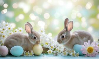 Two cute bunnies, adorable rabbits with easter eggs and spring flowers sitting on pastel background with bokeh photo