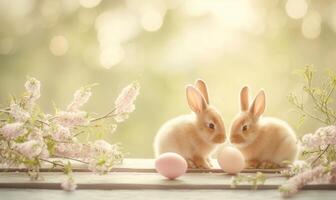 Two cute bunnies, adorable rabbits with easter eggs and spring flowers sitting on pastel background with bokeh photo