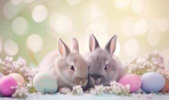 Two cute bunnies, adorable rabbits with easter eggs and spring flowers sitting on pastel background with bokeh photo