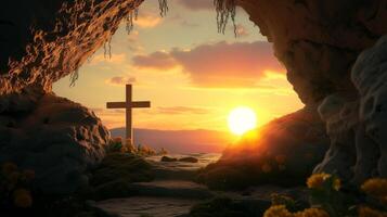 Tomb Empty With Shroud And Crucifixion At Sunrise - Resurrection Of Jesus Christ photo