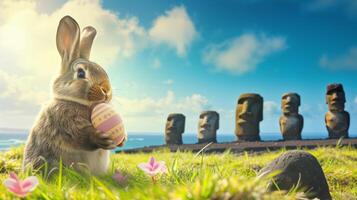 Happy Easter rabbit A Bunny holding Easter egg on Easter Island Rapa Nui against the background of Moai statues photo