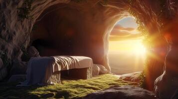 Tomb Empty With Shroud At Sunrise - Resurrection Of Jesus photo