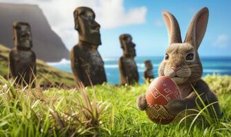 Happy Easter rabbit A Bunny holding Easter egg on Easter Island Rapa Nui against the background of Moai statues photo