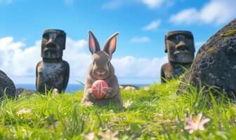 Happy Easter rabbit A Bunny holding Easter egg on Easter Island Rapa Nui against the background of Moai statues photo