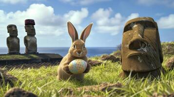 Happy Easter rabbit A Bunny holding Easter egg on Easter Island Rapa Nui against the background of Moai statues photo