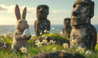 Happy Easter rabbit A Bunny holding Easter egg on Easter Island Rapa Nui against the background of Moai statues photo