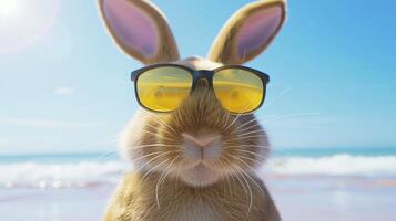 Happy Easter bunny in sunglasses on beach and sea with copy space photo