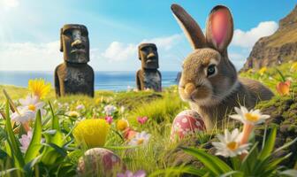 Happy Easter rabbit A Bunny holding Easter egg on Easter Island Rapa Nui against the background of Moai statues photo