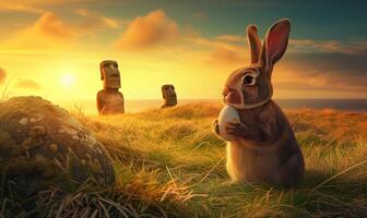 Happy Easter rabbit A Bunny holding Easter egg on Easter Island Rapa Nui against the background of Moai statues photo