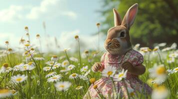 A cute rabbit in a vintage dress in the middle of a daisy field in spring photo