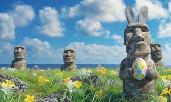 Happy Easter Bunny Stone rabbit Moai holding an Easter egg on Easter Island Rapa Nui with Moai statues in the background photo