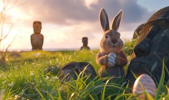 Happy Easter rabbit A Bunny holding Easter egg on Easter Island Rapa Nui against the background of Moai statues photo