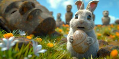 A Bunny holding Easter egg on Easter Island - Rapa Nui against the background of Moai statues photo