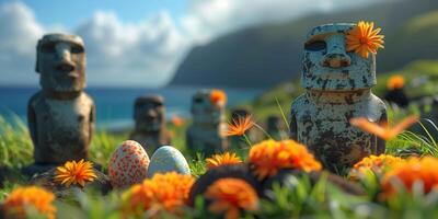 Ancient Moai statues and Easter eggs on Rapa Nui Easter Island photo