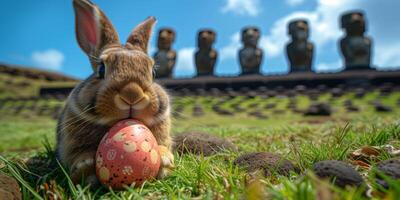A Bunny holding Easter egg on Easter Island - Rapa Nui against the background of Moai statues photo