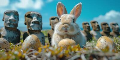 A Bunny holding Easter egg on Easter Island - Rapa Nui against the background of Moai statues photo