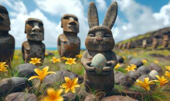 Stone rabbit Moai holding an Easter egg on Easter Island - Rapa Nui with Moai statues in the background photo