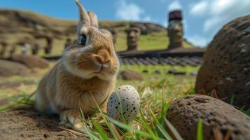 A Bunny holding Easter egg on Easter Island - Rapa Nui against the background of Moai statues photo