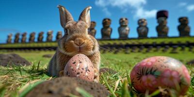 A Bunny holding Easter egg on Easter Island - Rapa Nui against the background of Moai statues photo
