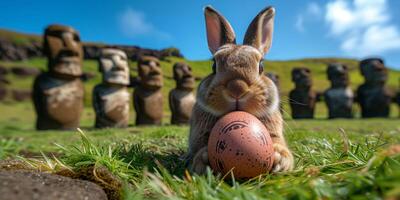 A Bunny holding Easter egg on Easter Island - Rapa Nui against the background of Moai statues photo