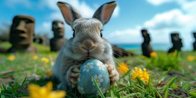A Bunny holding Easter egg on Easter Island - Rapa Nui against the background of Moai statues photo
