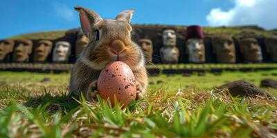 A Bunny holding Easter egg on Easter Island - Rapa Nui against the background of Moai statues photo