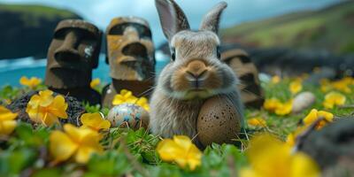 A Bunny holding Easter egg on Easter Island - Rapa Nui against the background of Moai statues photo