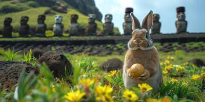 A Bunny holding Easter egg on Easter Island - Rapa Nui against the background of Moai statues photo