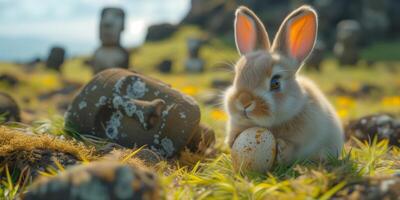 A Bunny holding Easter egg on Easter Island - Rapa Nui against the background of Moai statues photo