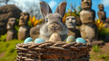 The Easter Bunny stands near a basket of Easter Eggs on the island of Rapa Nui with the Moai statues photo