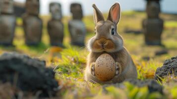 A Bunny holding Easter egg on Easter Island - Rapa Nui against the background of Moai statues photo