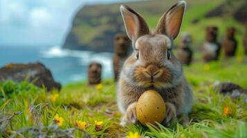 A Bunny holding Easter egg on Easter Island - Rapa Nui against the background of Moai statues photo
