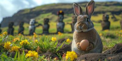 A Bunny holding Easter egg on Easter Island - Rapa Nui against the background of Moai statues photo