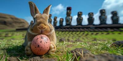 A Bunny holding Easter egg on Easter Island - Rapa Nui against the background of Moai statues photo
