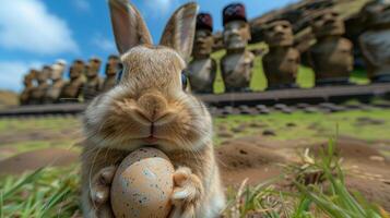 A Bunny holding Easter egg on Easter Island - Rapa Nui against the background of Moai statues photo