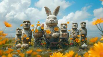 Easter bunny and Moai statues, old bicycle with basket of eggs on Easter Island among flowers photo