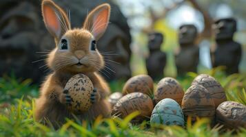 A Bunny holding Easter egg on Easter Island - Rapa Nui against the background of Moai statues photo