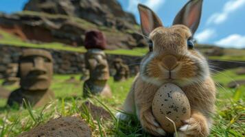 A Bunny holding Easter egg on Easter Island - Rapa Nui against the background of Moai statues photo