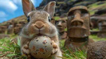 A Bunny holding Easter egg on Easter Island - Rapa Nui against the background of Moai statues photo