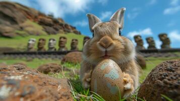 A Bunny holding Easter egg on Easter Island - Rapa Nui against the background of Moai statues photo