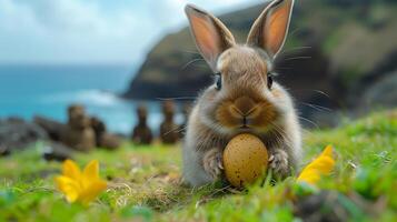 A Bunny holding Easter egg on Easter Island - Rapa Nui against the background of Moai statues photo