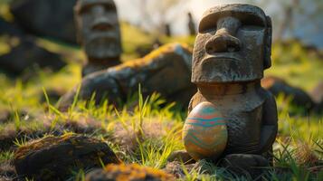 Ancient Moai statues and Easter egg on Rapa Nui Easter Island photo