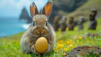 A Bunny holding Easter egg on Easter Island - Rapa Nui against the background of Moai statues photo