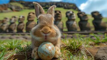 A Bunny holding Easter egg on Easter Island - Rapa Nui against the background of Moai statues photo