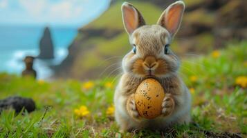 A Bunny holding Easter egg on Easter Island - Rapa Nui against the background of Moai statues photo