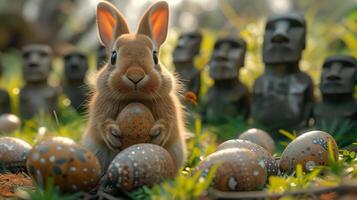 A Bunny holding Easter egg on Easter Island - Rapa Nui against the background of Moai statues photo