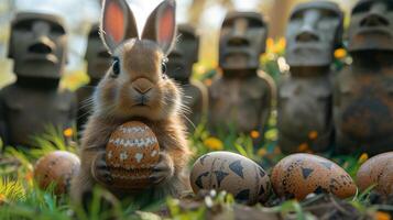 A Bunny holding Easter egg on Easter Island - Rapa Nui against the background of Moai statues photo
