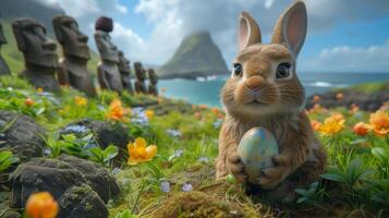A Bunny holding Easter egg on Easter Island - Rapa Nui against the background of Moai statues photo