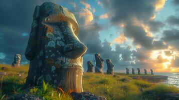 Moais of Ahu Tongariki, Easter island on sunset photo