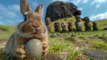 A Bunny holding Easter egg on Easter Island - Rapa Nui against the background of Moai statues photo